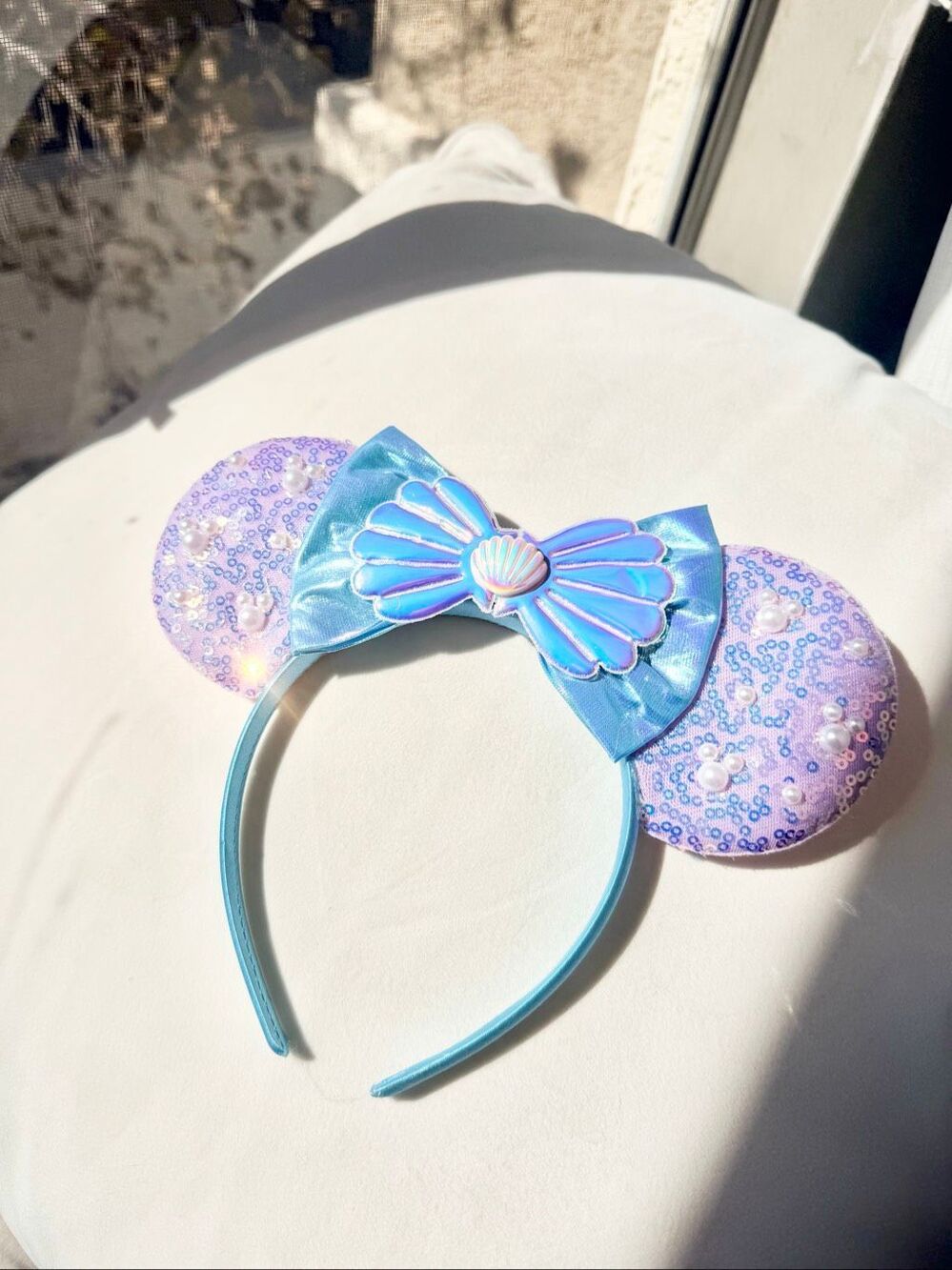Little Mermaid Ariel Minnie Ears Purple Sequin Seashell Bow Headband